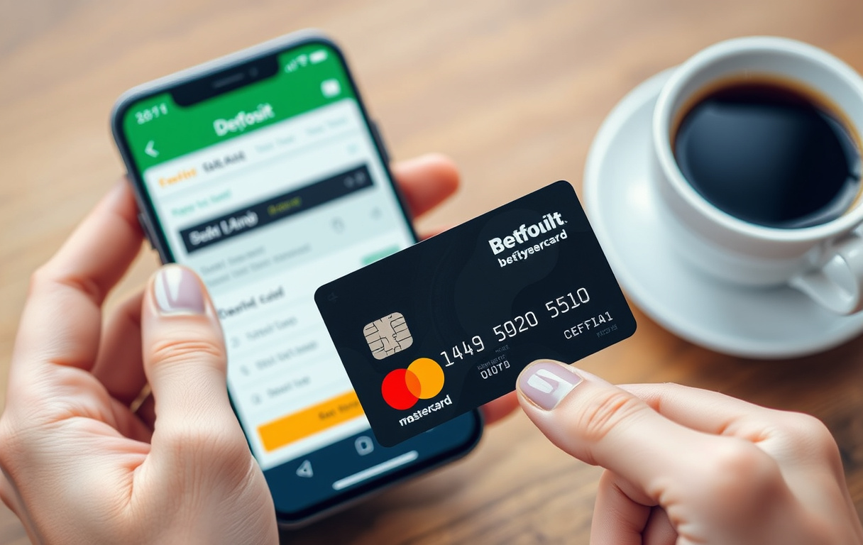 Person som holder et Mastercard debetkort foran en mobiltelefon med en bettingskjerm