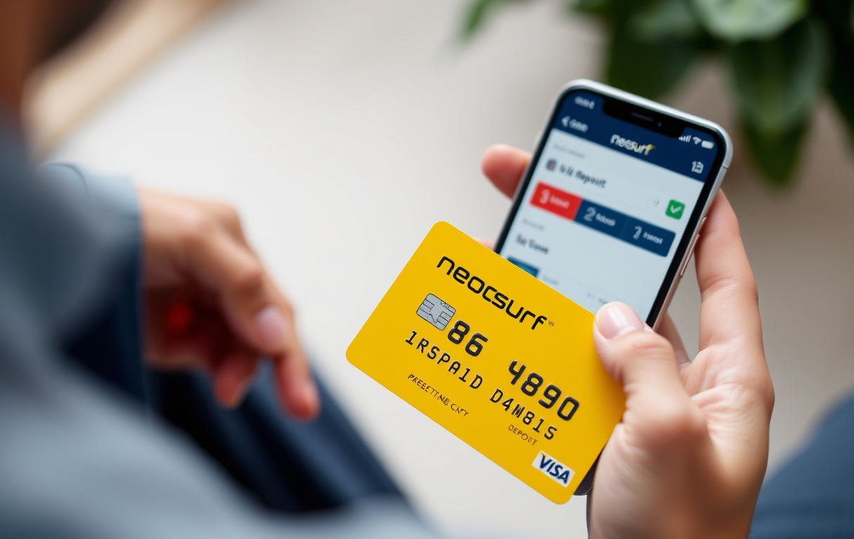 Person som holder en Neosurf-kupong med PIN-kode ved siden av en mobiltelefon med bookmakerens innskuddsskjerm.