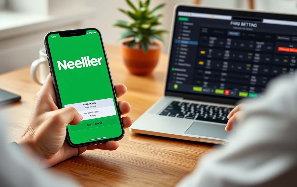 En person som bruker mobil og laptop til bettingbetaling med Neteller