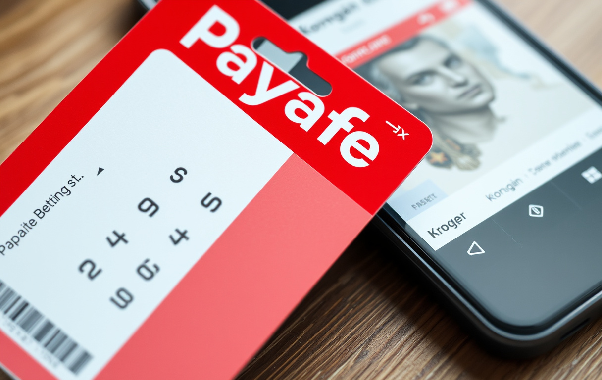 Paysafecard-kupong ved siden av mobiltelefon med bookmakerens innskuddsside