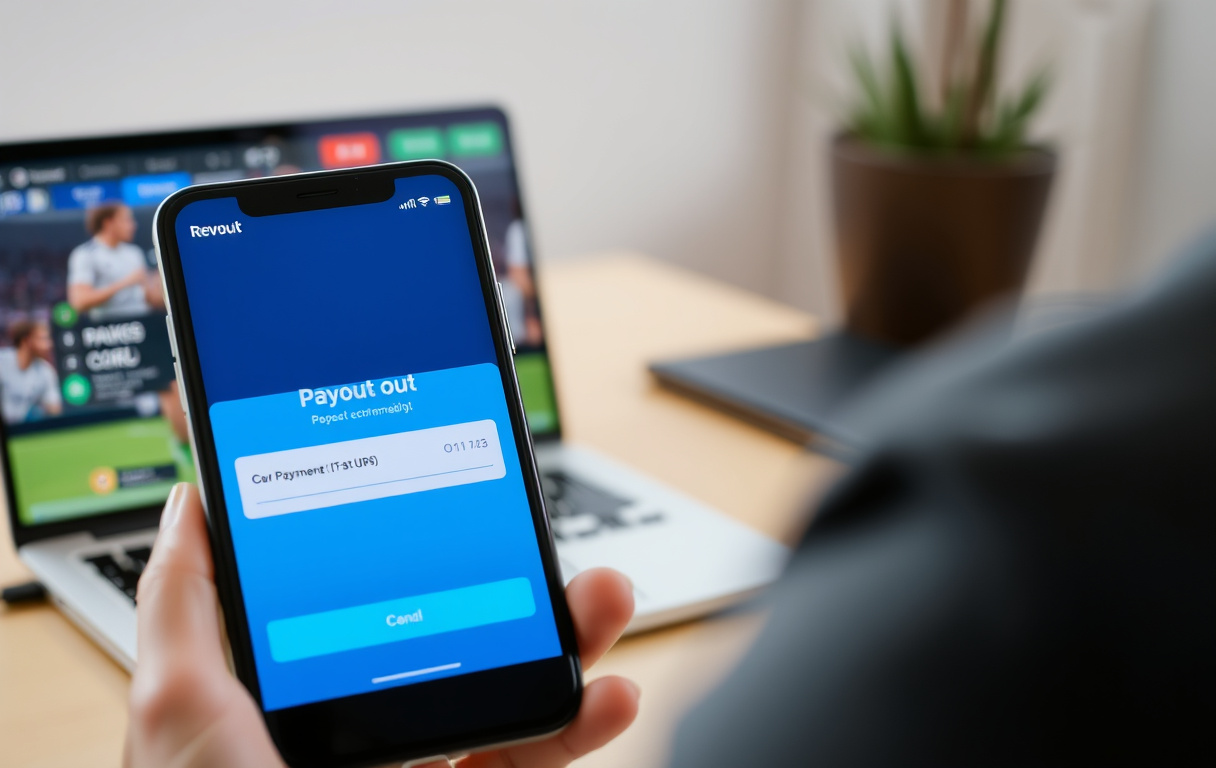 Person som betaler med Revolut-appen på mobilen, med en bettingside på PC-skjermen i bakgrunnen.
