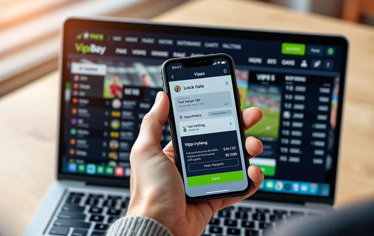 Person som bruker Vipps til å betale på en bettingside, mobil og laptop.