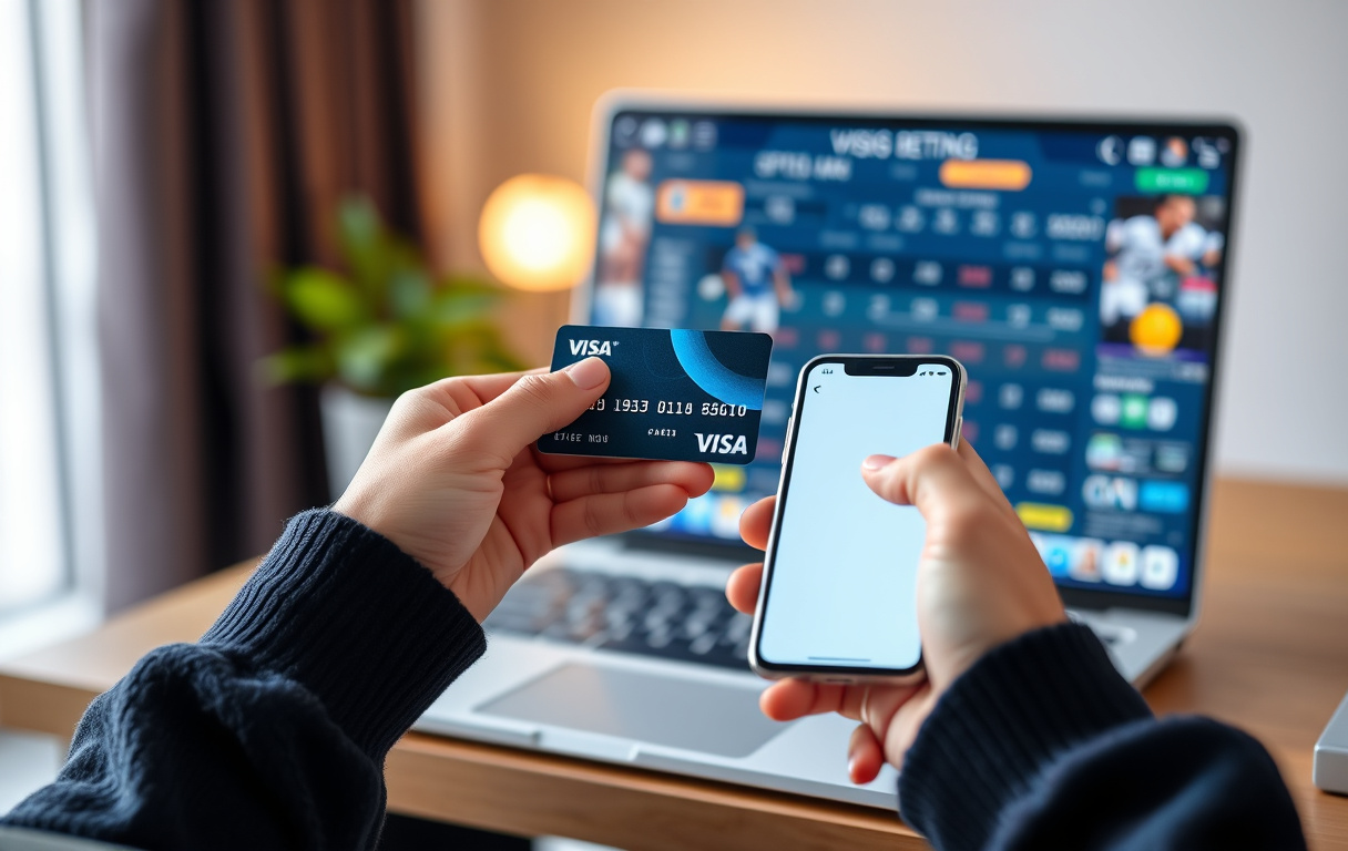 Hender som holder et Visa-kort og en mobiltelefon med odds på skjermen, foran en laptop med sportsbetting.
