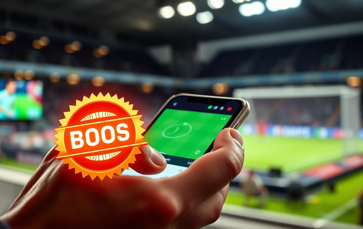 En person som sjekker oddsboost på mobilen, med fotballkamp i bakgrunnen.