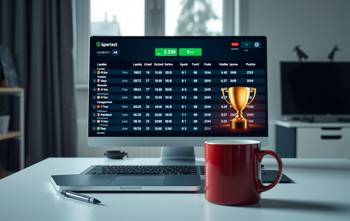 Skjermbilde av en leaderboard for oddskonkurranse med premier, plassert på et skrivebord med kaffekopp.