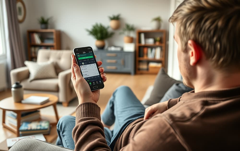En person som sitter i en norsk stue og bruker en mobil med en bettingside, avslappet stemning