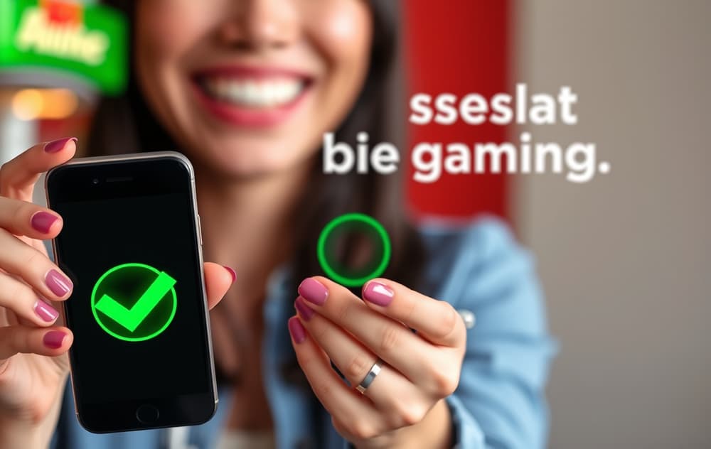 En person som holder en mobiltelefon med et grønt flueglass, smilende, ansvarlig spill stemning