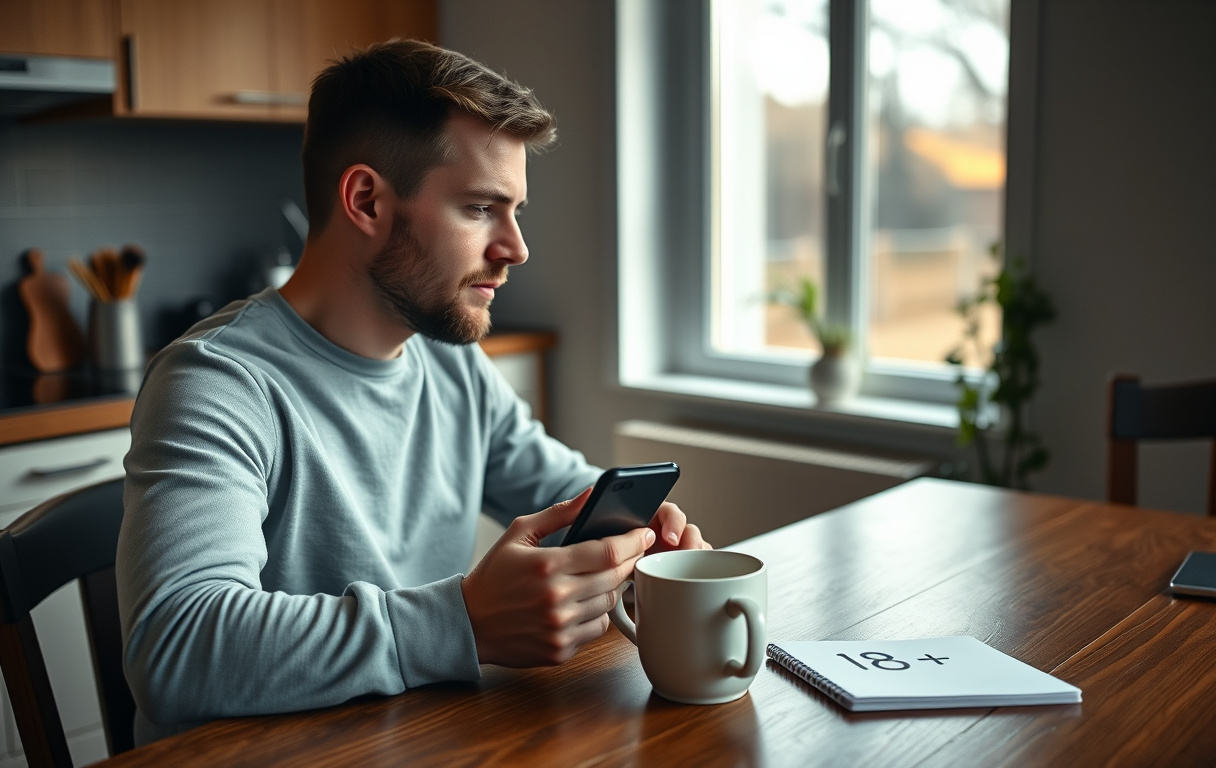 Mann som sjekker odds på mobilen ved kjøkkenbordet, med kaffekopp og notatblokk