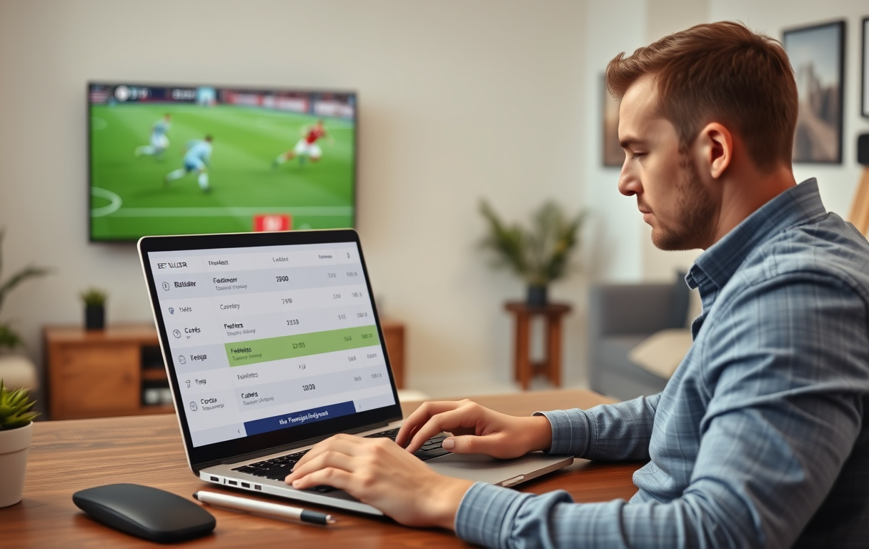 En person som bruker oddsbygger på en bærbar PC med fotballkamp på TV i bakgrunnen