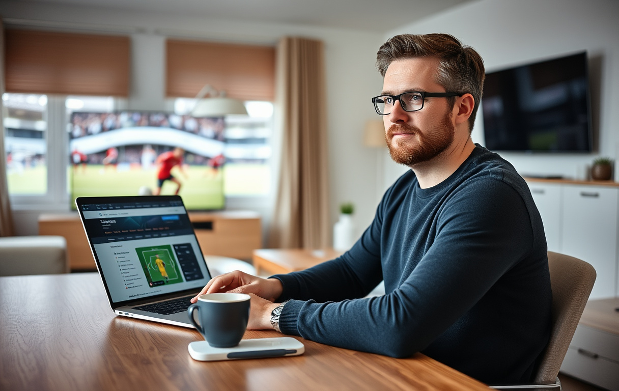 En person sitter ved et skrivebord og sammenligner bettingsider for fotball på en bærbar PC.