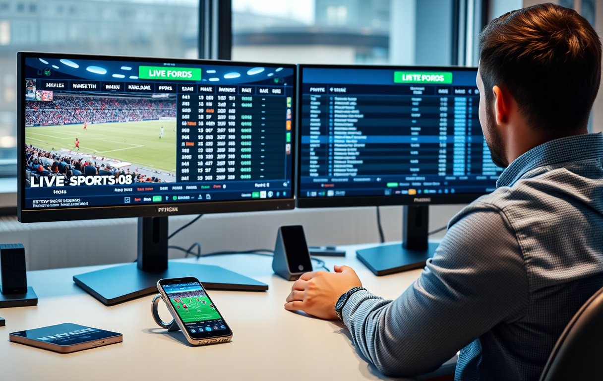 Person som følger med på live odds på to skjermer med mobiltelefon ved siden av