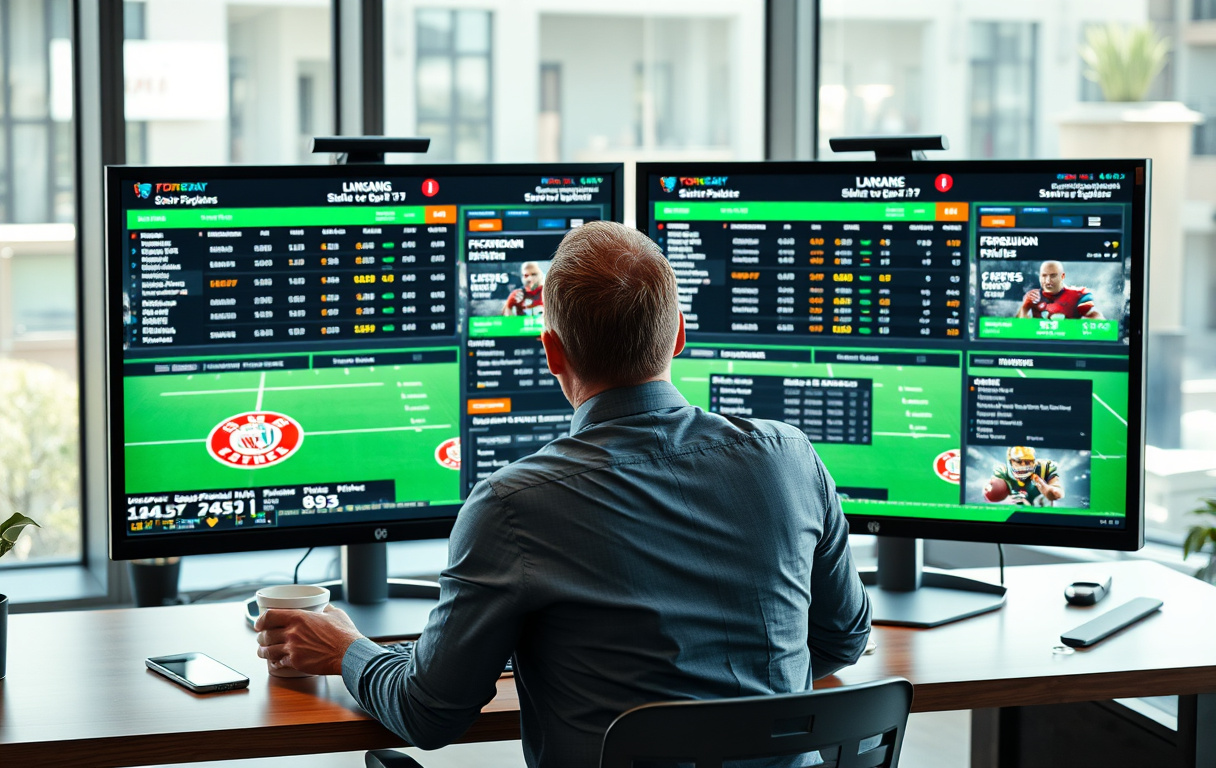 Person som analyserer odds på to skjermer med bettingsider åpne