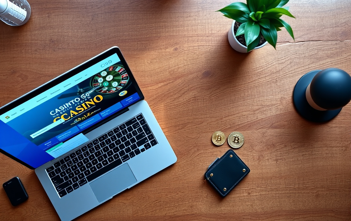 Bord med laptop som viser et kryptocasino, en hardware wallet og noen Bitcoin-mynter foran