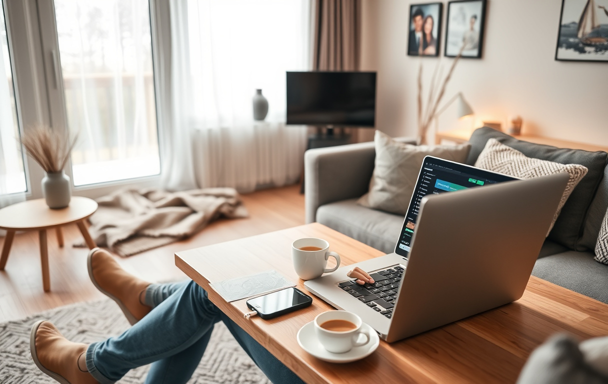 Person spiller norsk casino på laptop i moderne stue.
