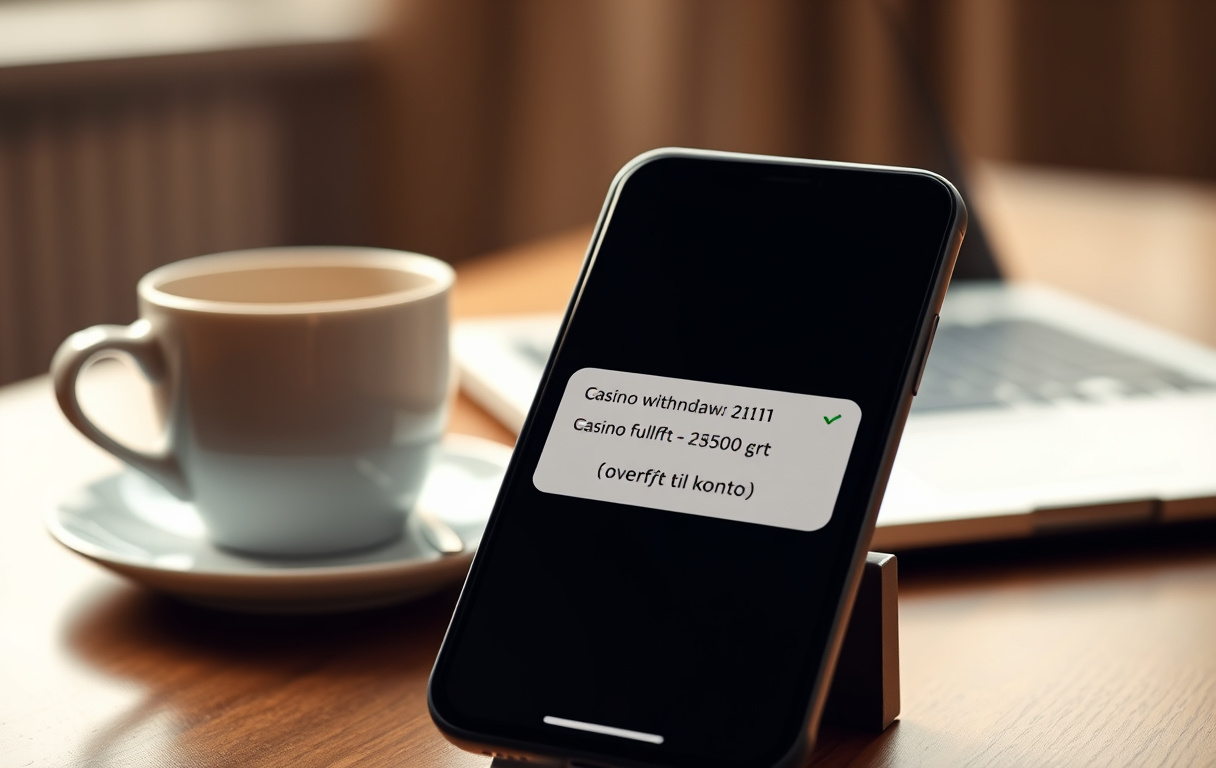 Smarttelefon som viser vellykket uttak fra casino, med kopp kaffe og laptop i bakgrunnen