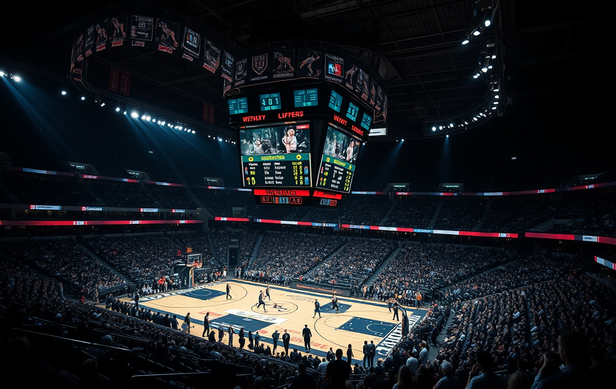 Basketballkamp i arena med odds og statistikk på skjermen