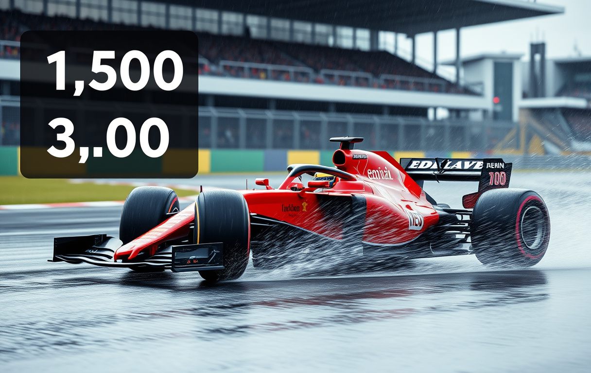 Formel 1-bil på våt bane med odds-overlay