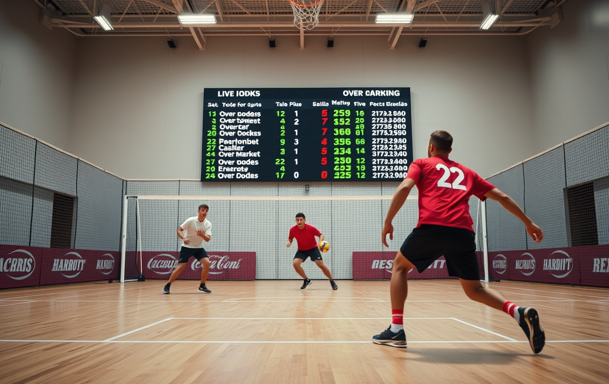 Håndballkamp med spillere i action og oddstall på skjerm