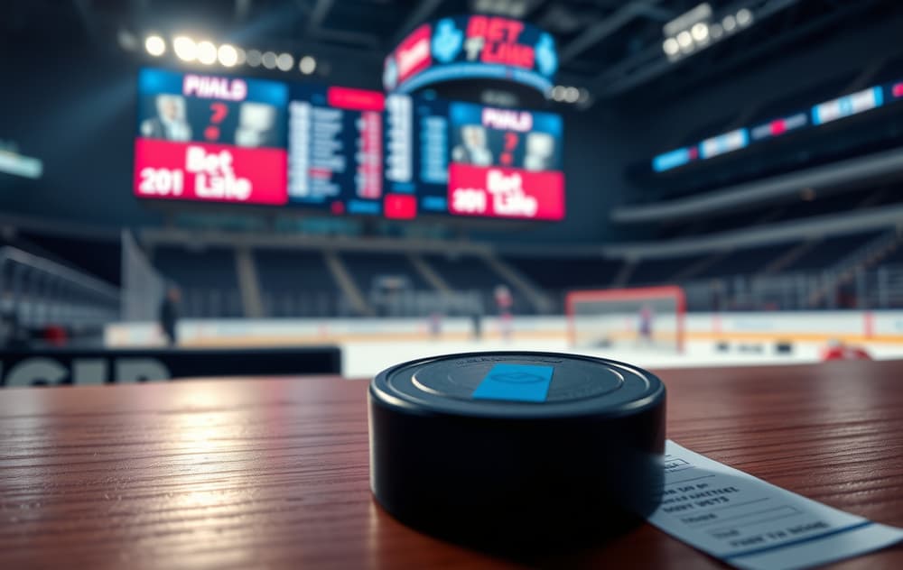 Hockeykølle og oddsskjerm på et bord, med ishockeybane i bakgrunnen